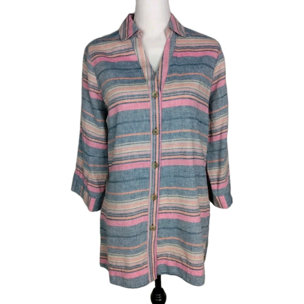 Foxcroft Women Size 6 Striped Linen Blend Button Shaped Tunic Casual Preppy